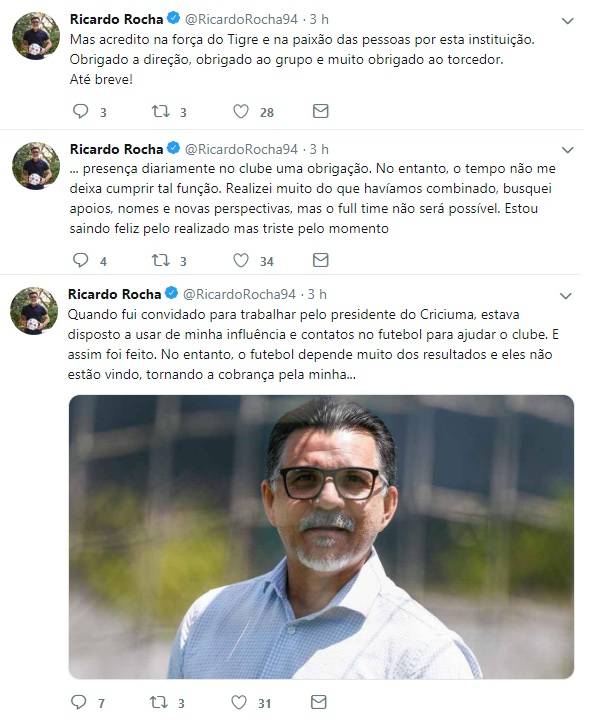 Ricardo Rocha se manifesta após desligamento do Criciúma — foto 1