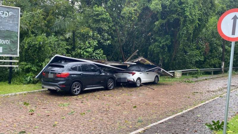Chuva de granizo e vento derrubam árvores e placas no Sul de SC — foto 1