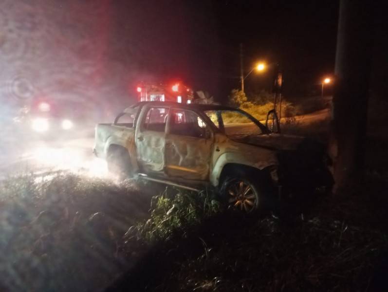 Caminhonete é destruída por incêndio após motorista passar mal e colidir contra poste em Turvo — foto 1