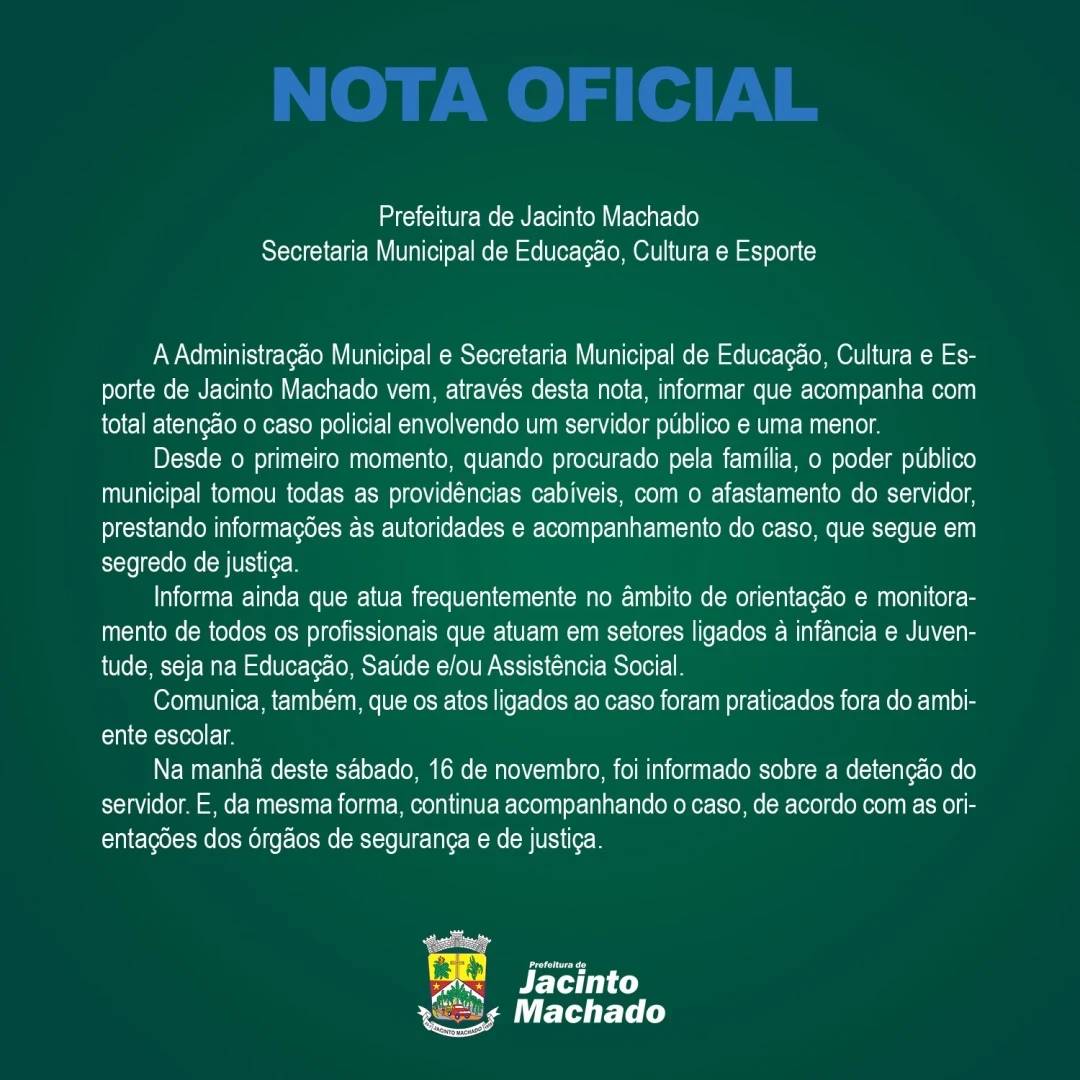 Prefeitura de Jacinto Machado se manifesta após servidor público ser preso por estupro de vulnerável — foto 1