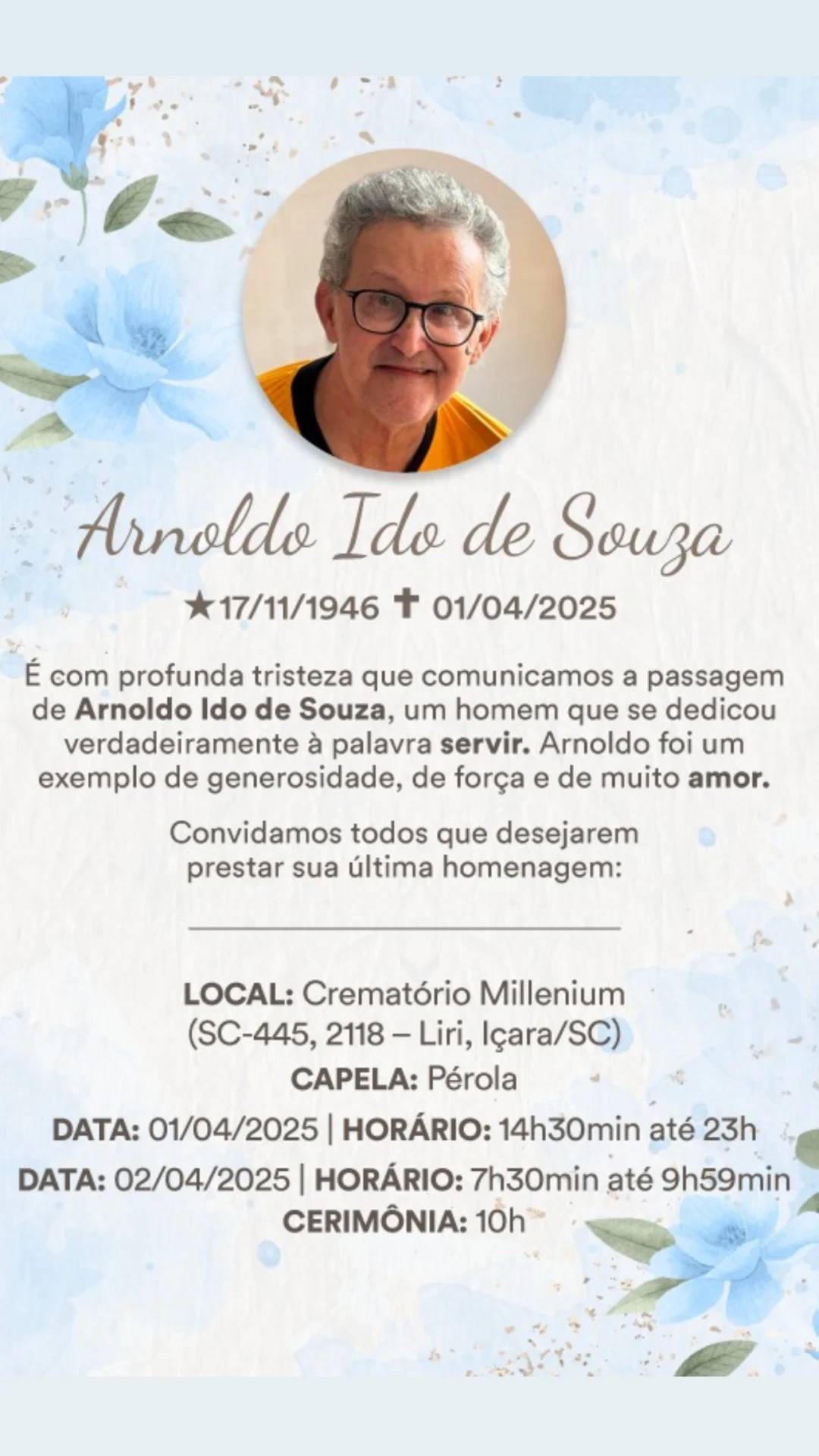 Nota de falecimento: Arnoldo Ido de Souza, aos 78 anos — foto 1