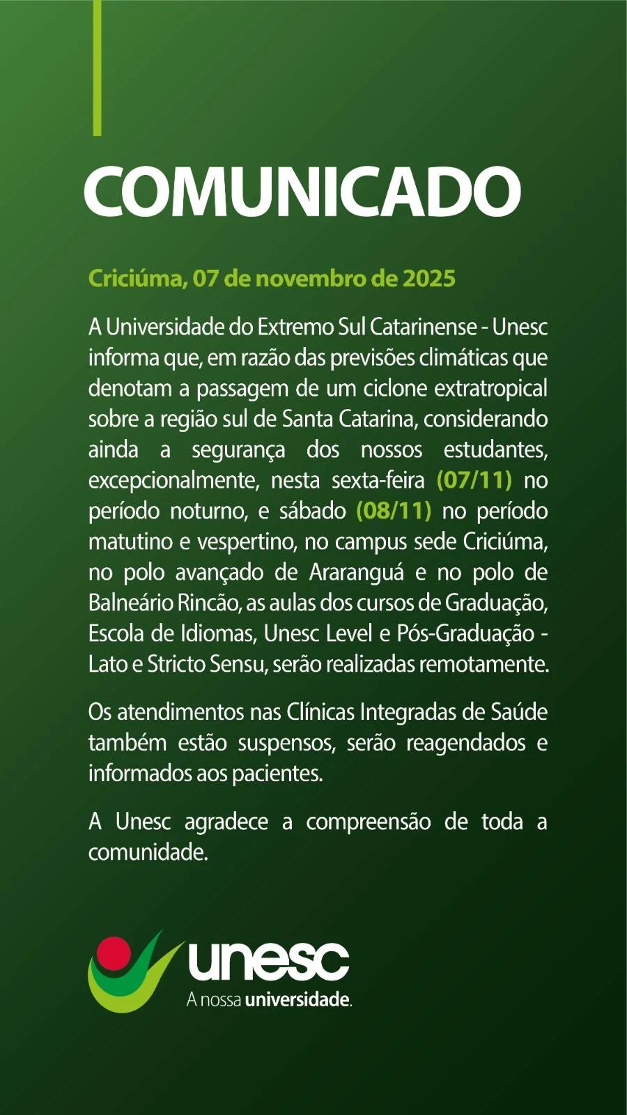 Universidades de Criciúma terão aulas remotas devido a ciclone extratropical — foto 2