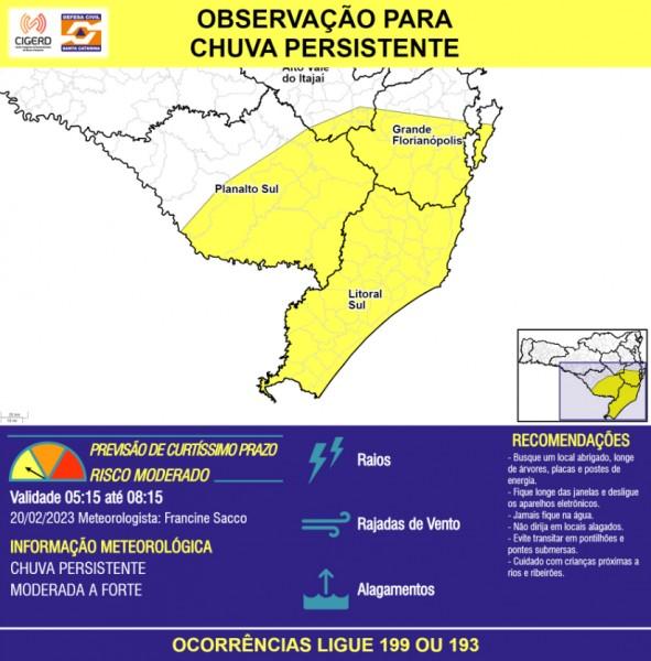 Defesa Civil alerta para chuva com risco de alagamentos na região Sul