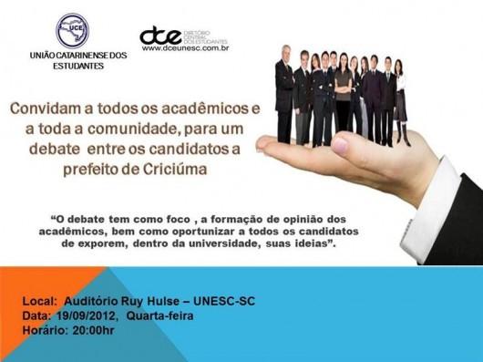 DCE Unesc faz debate com candidatos a prefeito de Criciúma