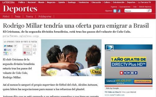 Interesse do Tigre em Rodrigo Millar repercute na imprensa chilena