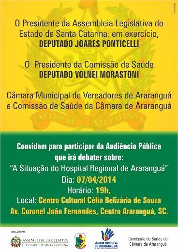Audiência irá discutir transparência no Hospital de Araranguá