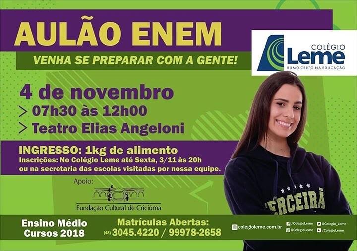 Colégio Leme promove aulão para o Enem neste sábado 