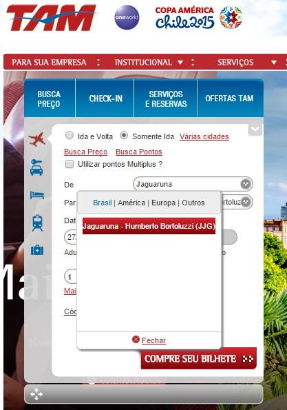 Aeroporto de Jaguaruna já consta como opção de destino no site da TAM
