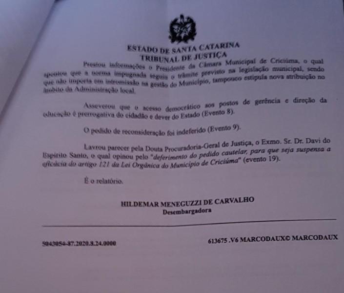 Justiça concede liminar sobre preenchimento de cargos de diretores em escolas municipais de Criciúma