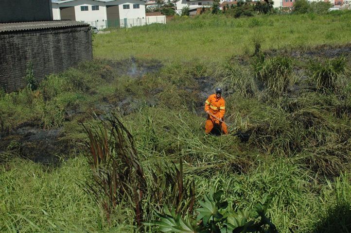 Corpo de Bombeiros de Criciúma combatem incêndio em terreno baldio
