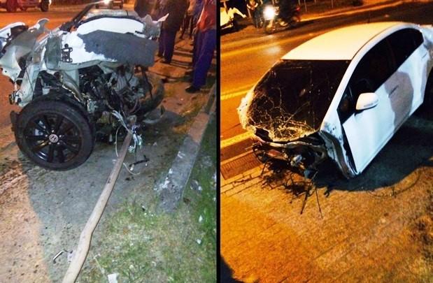 Após forte colisão frontal, carro parte ao meio e motorista foge 