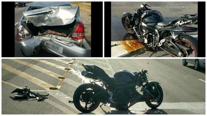 Condutor de moto escapa de lesões em colisão traseira