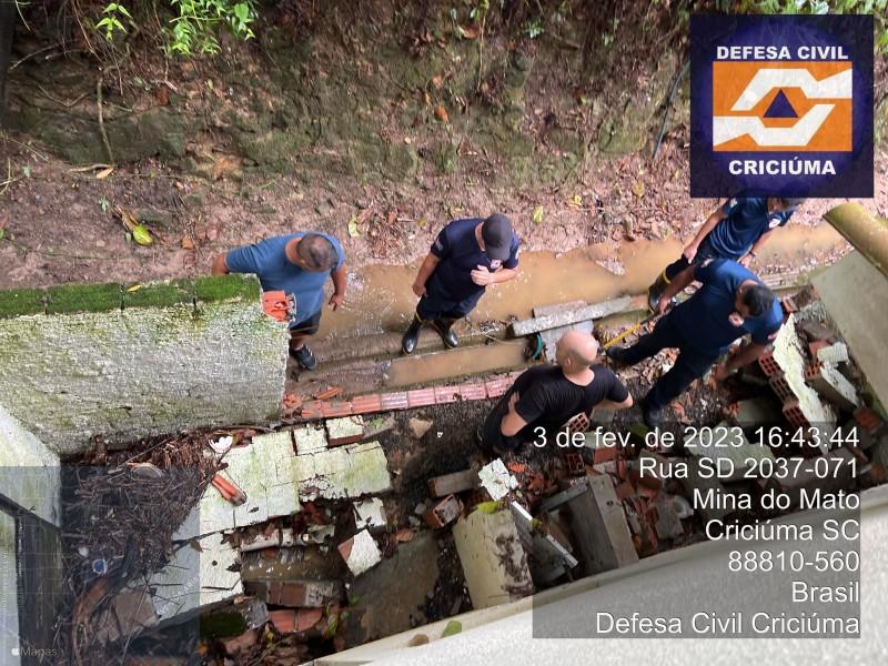 Chuva causa queda de muro, rompimento de asfaltos e alagamentos em Criciúma