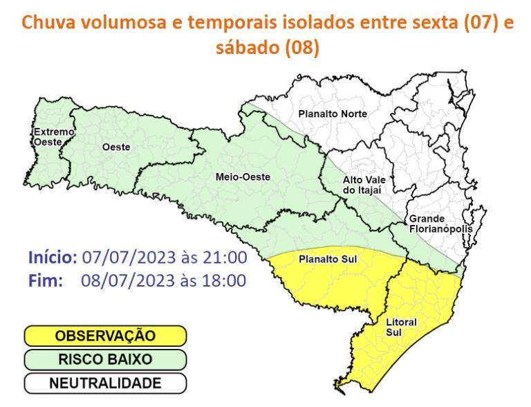 Sul pode ter chuva volumosa e temporais isolados entre esta sexta e sábado