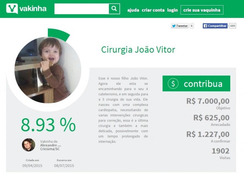 Campanha na internet pede ajuda para cirurgia de João Vitor